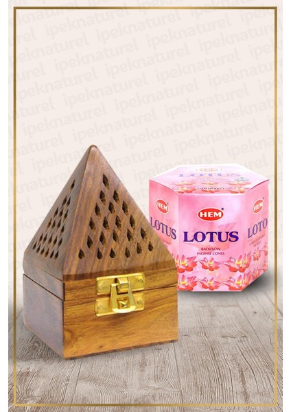 Ipek Naturel Ahşap Piramid Konik Tütsü Yakma Kutusu ve Nilüfer (Lotus) Back Flow Cones