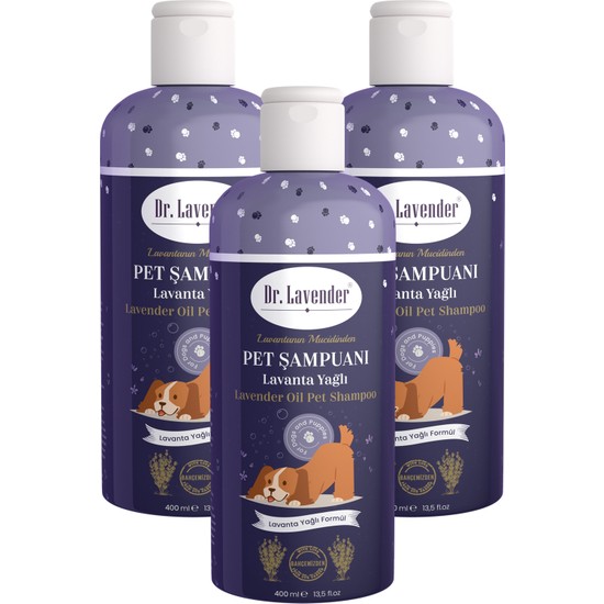 Dr. Lavender Lavanta Yağlı Köpek Şampuanı 3'lü 400 ml Pire Kene Önleyici Pet Şampuanı Koku Giderici Şampuan