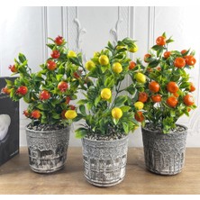Nettenevime Yapay Çiçek 3 Adet Gri Seramik Saksıda Limon Nar ve Mandalina Ağacı 40CM