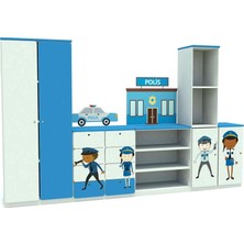 Woody Life Polis Meslek Temalı 4 Kapaklı 8 Çekmeceli Çocuk Odası Anaokulu Kreş Dolap Seti