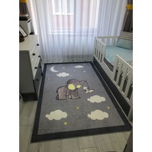 STY Home Fil Tavşan Çocuk Kaymaz Tabanlı Makinede Yıkanabilir Halı Kilim Yolluk Gri