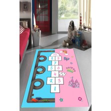 STY Home Mavi Pembe Seksek Çocuk Kaymaz Tabanlı Makinede Yıkanabilir Halı Kilim Yolluk