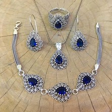 TMT Silver Gümüş Telkari Parlament Mavisi Taşlı Damla  Set