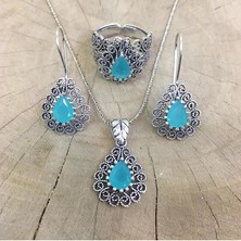 TMT Silver Gümüş Telkari Turkuaz Taşlı Damla Set
