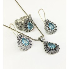 TMT Silver  Gümüş Telkari Açık Turkuaz Zirkon Damla Set