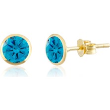 BigGold Altın 6 mm Sıvama Aqua Marine Renk Vidalı Küpe