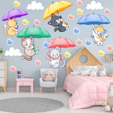 Echo Home Şemsiye Ile Uçan Sevimli Kediler ve Kalpler Duvar Sticker