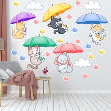Echo Home Şemsiye Ile Uçan Sevimli Kediler ve Kalpler Duvar Sticker