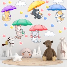 Echo Home Şemsiye Ile Uçan Sevimli Kediler ve Kalpler Duvar Sticker