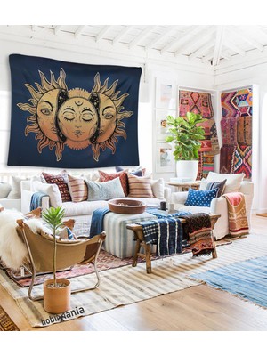 Hobimania Duvar Örtüsü Tapestry Lacivert ve Sarı Güneş ve Ay Duvar Örtüsü 150X100 cm Sun And Moon Duvar Dekorasyon Moda