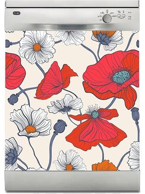 Sticker Art Bulaşık Makinesi Sticker Kaplama Beyaz Eşya Kaplama Kırmızı Çiçek Çizim