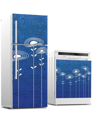 Sticker Art Buzdolabı ve Bulaşık Makinası Beyaz Eşya Sticker Kaplama Mavi Beyaz Çiçekler
