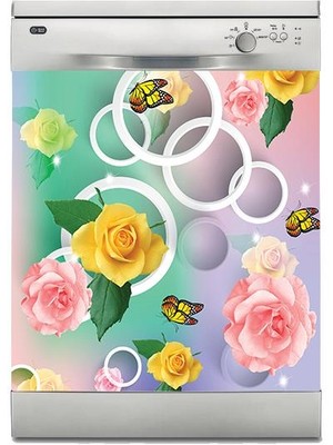 Sticker Art Bulaşık Makinesi Sticker Kaplama Beyaz Eşya Kaplama Sarı Çiçek Kelebek