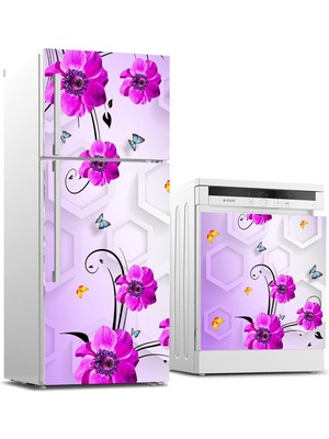 Sticker Art Buzdolabı ve Bulaşık Makinası Beyaz Eşya Sticker Kaplama 3D Altıgen Mor Çiçek