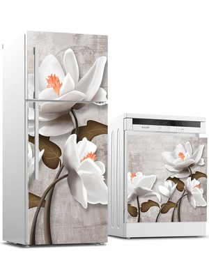Sticker Art Buzdolabı ve Bulaşık Makinası Beyaz Eşya Sticker Kaplama 3D Beyaz Çiçek