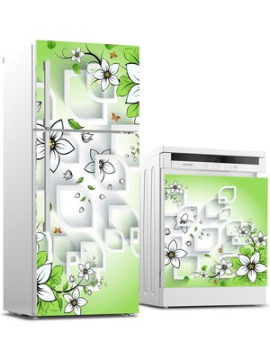Sticker Art Buzdolabı ve Bulaşık Makinası Beyaz Eşya Sticker Kaplama 3D Çiçek Kelebek Arkaplan