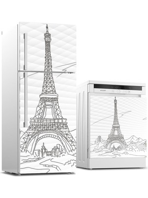 Sticker Art Buzdolabı ve Bulaşık Makinası Beyaz Eşya Sticker Kaplama Eyfel Çizim