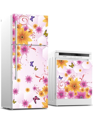 Sticker Art Buzdolabı ve Bulaşık Makinası Beyaz Eşya Sticker Kaplama Kelebek Çiçekler