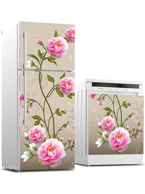 Sticker Art Buzdolabı ve Bulaşık Makinası Beyaz Eşya Sticker Kaplama Pembe Gül Çiçek