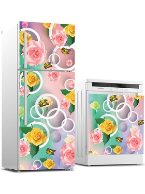 Sticker Art Buzdolabı ve Bulaşık Makinası Beyaz Eşya Sticker Kaplama Sarı Çiçek Kelebek
