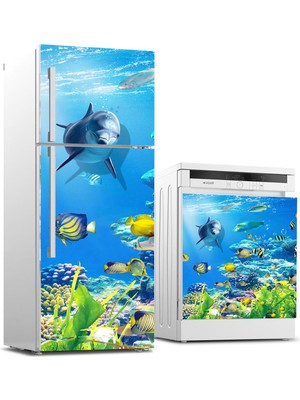 Sticker Art Buzdolabı ve Bulaşık Makinası Beyaz Eşya Sticker Kaplama Yunus Balığı
