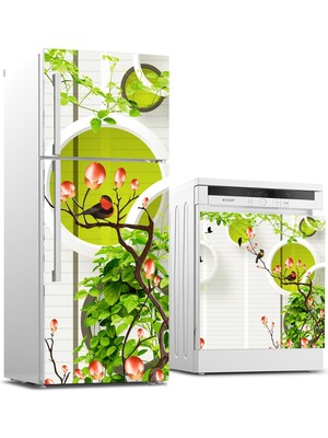 Sticker Art Buzdolabı ve Bulaşık Makinası Beyaz Eşya Sticker Kaplama Yuvarlak Kuş Ağaç