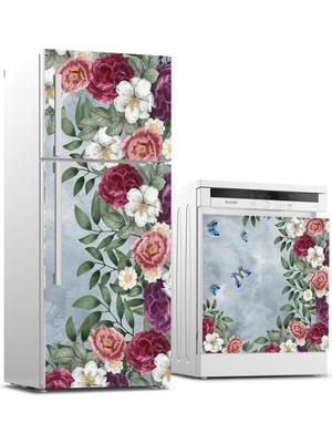 Sticker Art Buzdolabı ve Bulaşık Makinası Beyaz Eşya Sticker Kaplama Zarif Çiçekler