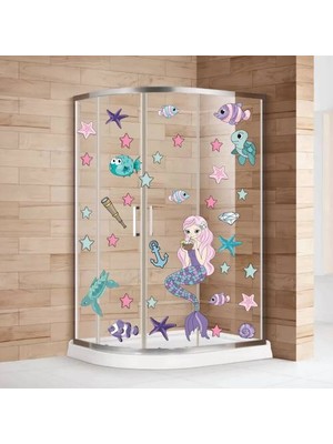 cokindirimli Deniz Kızı Deniz Yıldızları ve Balıklar Duşakabin ve Banyo Sticker
