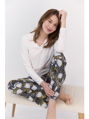 Arnetta 1480 Büyük Beden Floral Kadın Krem Pijama Takımı