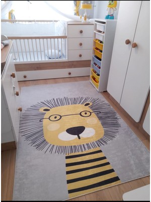 STY Home Aslan Çoçuk Kaymaz Tabanlı Makinede Yıkanabilir Halı Kilim Yolluk Gri