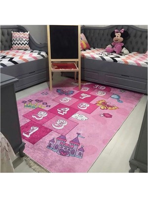 STY Home Pembe Seksek Çoçuk Kaymaz Tabanlı Makinede Yıkanabilir Halı Kilim Yolluk Pembe