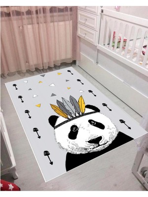 STY Home Panda Çocuk Kaymaz Tabanlı Makinede Yıkanabilir Halı Kilim Yolluk Gri