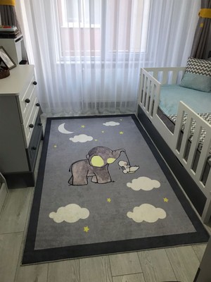 STY Home Fil Tavşan Çocuk Kaymaz Tabanlı Makinede Yıkanabilir Halı Kilim Yolluk Gri