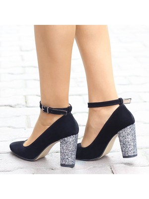 Pabucmarketi Siyah Süvet Gümüş Cam Kiriği Bayan Stiletto Ayakkabı