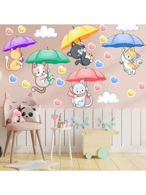 Echo Home Şemsiye Ile Uçan Sevimli Kediler ve Kalpler Duvar Sticker
