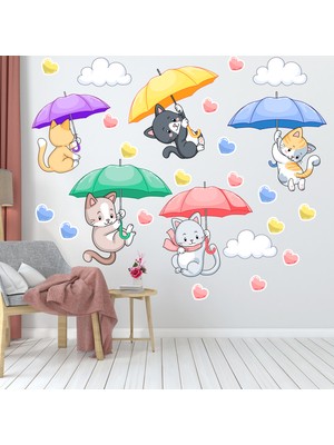 Echo Home Şemsiye Ile Uçan Sevimli Kediler ve Kalpler Duvar Sticker