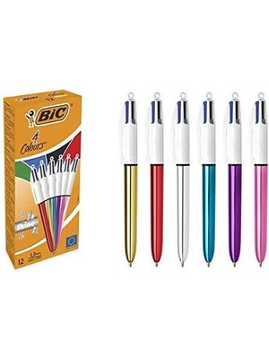 Bic 4 Colours Shine Kırmızı Gövde Tükenmez Kalem 12'li