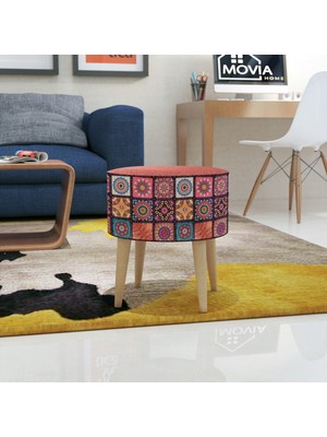 Movia Home Gürgen Gürgen Ahşap Ayaklı Dekoratif Peçvörk Desenli Silindir Puf Bench Koltuk Sandalye