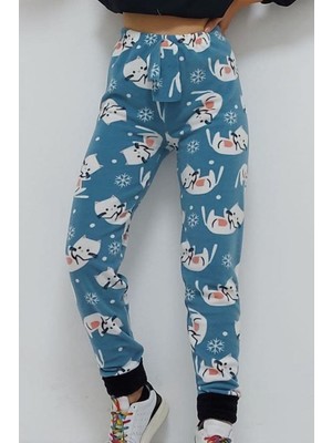 Bkmc Kedi Desenli Paçası Polar Pijama Altı Mavi
