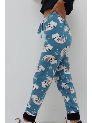 Bkmc Kedi Desenli Paçası Polar Pijama Altı Mavi
