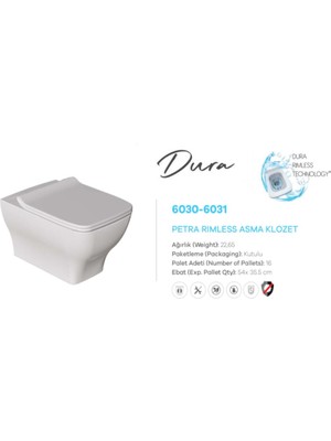 Dura Petra Rimles Asma Klozet Kanalsız ve Duroplast Yavaş Kapanır Kapak