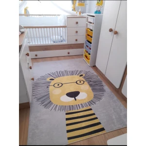 STY Home Aslan Çoçuk Kaymaz Tabanlı Makinede Yıkanabilir Halı Kilim Yolluk Gri