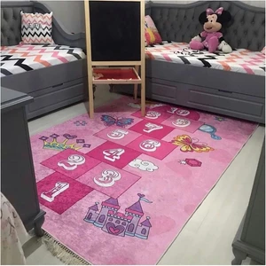 STY Home Pembe Seksek Çoçuk Kaymaz Tabanlı Makinede Yıkanabilir Halı Kilim Yolluk Pembe