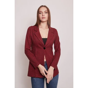 Ekose Desenli Yakalı Uzun Kol Tek Düğme Yünlü Kumaş Blazer Ceket-Kırmızı Pöti Kare