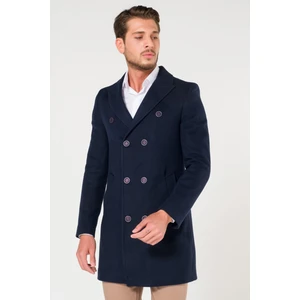 Erkek Slim Fit Kruvaze Lacivert Kaşe Kaban