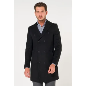 Erkek Slim Fit Kruvaze Siyah Kaşe Kaban