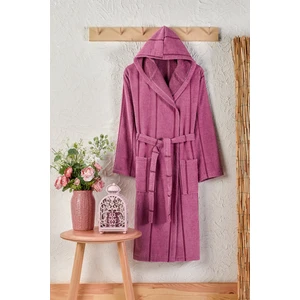 Pamuklu Kadife Kapüşonlu Unisex Bornoz Mürdüm Renk L-XL Beden Yüksek Su Çekme
