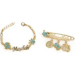 Sahi Aksesuar Mavi Krsital Taşlı Maşallah Yazılı Bebek Yaka Iğne ve Bileklik Seti