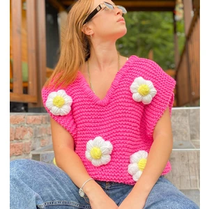 Organic Mira Kadın Pembe Çiçekli Süveter Oversize Papatya Yelek