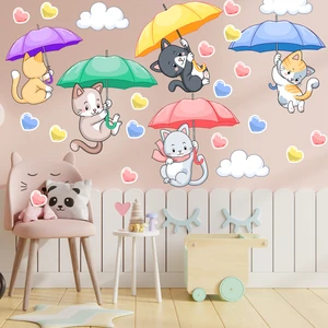 Echo Home Şemsiye Ile Uçan Sevimli Kediler ve Kalpler Duvar Sticker